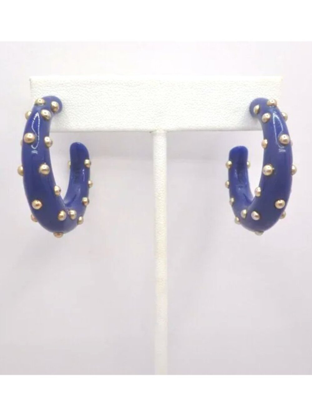 Kenneth Jay Lane Hoop Earrings Blue w/ Gold Tone Dots Chunky Pierced Signed KJL